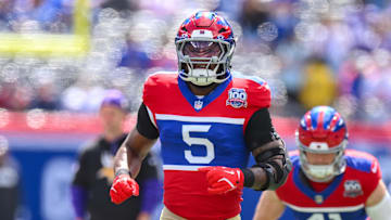 Sep 8, 2024; East Rutherford, New Jersey, USA; New York Giants linebacker Kayvon Thibodeaux (5) warms up before a game against the Minnesota Vikings at MetLife Stadium.   