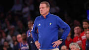 Nov 18, 2025; New York, New York, USA; Kansas Jayhawks head coach Bill Self looks on during the second half against the Duke Blue Devils at Madison Square Garden. Mandatory Credit: Vincent Carchietta-Imagn Images