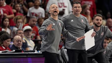Mar 15, 2025; Charlotte, NC, USA; Louisville Cardinals head coach Pat Kelsey in the second half of the 2025 ACC Conference Championship game against the Duke Blue Devils at Spectrum Center. Mandatory Credit: Jim Dedmon-Imagn Images
