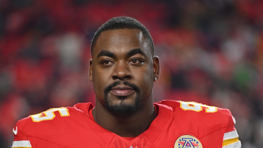 Dec 7, 2025; Kansas City, Missouri, USA; Kansas City Chiefs defensive tackle Chris Jones (95) is seen prior to the game against the Houston Texans at GEHA Field at Arrowhead Stadium. Mandatory Credit: Amy Kontras-Imagn Images