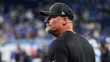 Detroit Lions head coach Dan Campbell watches warm up at Ford Field in Detroit on Sunday, Sept. 14, 2025.
