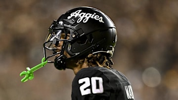 Oct 26, 2024; College Station, Texas, USA; Texas A&M Aggies defensive back BJ Mayes (20) reacts after catching the ball for an interception in the third quarter against the LSU Tigers at Kyle Field. Mandatory Credit: Maria Lysaker-Imagn Images. 