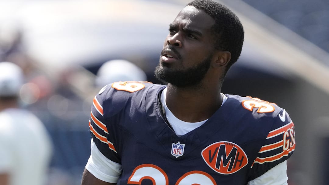 Aug 10, 2025; Chicago, Illinois, USA; Chicago Bears cornerback Josh Blackwell (39) wears a patch honoring the late owner Virginia McCaskey Halas  at Soldier Field. Manda