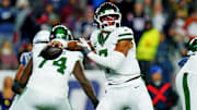 Nov 13, 2025; Foxborough, Massachusetts, USA; New York Jets quarterback Justin Fields (7) drops back to make a pass during the second half against the New England Patriots at Gillette Stadium. Mandatory Credit: David Butler II-Imagn Images