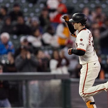 Sep 11, 2024; San Francisco, California, USA; San Francisco Giants right fielder Mike Yastrzemski (5) runs the bases after hitting a three-run home run against the Milwaukee Brewers during the second inning at Oracle Park.