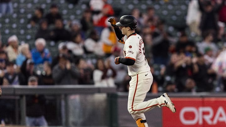 Sep 11, 2024; San Francisco, California, USA; San Francisco Giants right fielder Mike Yastrzemski (5) runs the bases after hitting a three-run home run against the Milwaukee Brewers during the second inning at Oracle Park.