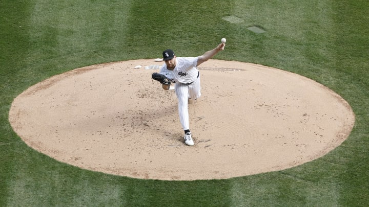 Mar 28, 2024; Chicago, Illinois, USA; Chicago White Sox starting pitcher Garrett Crochet (45) delivers a pitch during the second inning of the Opening Day game against the Detroit Tigers at Guaranteed Rate Field. Mandatory Credit: Kamil Krzaczynski-USA TODAY Sports