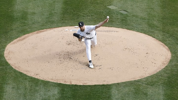 Mar 28, 2024; Chicago, Illinois, USA; Chicago White Sox starting pitcher Garrett Crochet (45) delivers a pitch during the second inning of the Opening Day game against the Detroit Tigers at Guaranteed Rate Field. Mandatory Credit: Kamil Krzaczynski-USA TODAY Sports