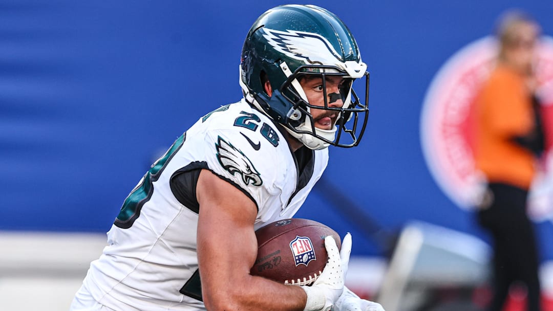Philadelphia Eagles running back Will Shipley (28) carries the ball against the New York Giants during the second half at MetLife Stadium. Philadelphia Eagles running back Will Shipley (28) carries the ball against the New York Giants during the second half at MetLife Stadium.