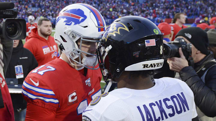 Josh Allen and Lamar Jackson meet at midfield after a game in 2019. Josh Allen and Lamar Jackson meet at midfield after a game in 2019.