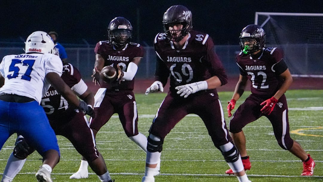 Appoquinimink quarterback Desai Drummond takes a snap in front of lineman Layton von Brandt (69) as running back Jayden Triplett works in the backfield in the first quarter in the Jaguars' 34-20 win against Dover at Appoquinimink, Sept 5, 2025.