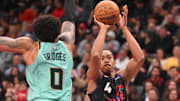 Mar 28, 2025; Toronto, Ontario, CAN;  Toronto Raptors forward Scottie Barnes (4) shoots the ball as Charlotte Hornets forward Miles Bridges (0) defends in the first half at Scotiabank Arena. Mandatory Credit: Dan Hamilton-Imagn Images