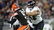 Nov 16, 2025; Cleveland, Ohio, USA; Baltimore Ravens fullback Patrick Ricard (42) blocks Cleveland Browns safety Grant Delpit (9) during the third quarter at Huntington Bank Field. Mandatory Credit: Scott Galvin-Imagn Images