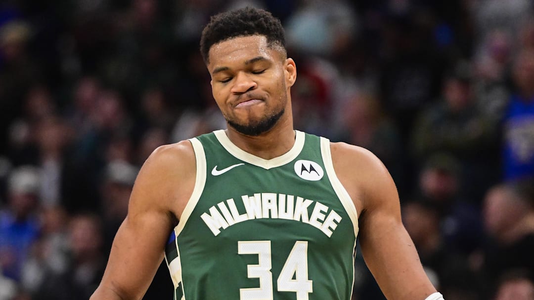 Nov 1, 2025; Milwaukee, Wisconsin, USA; Milwaukee Bucks forward Giannis Antetokounmpo (34) reacts after missing a shot late in the fourth quarter against the Sacramento Kings at Fiserv Forum. Mandatory Credit: Benny Sieu-Imagn Images Nov 1, 2025; Milwaukee, Wisconsin, USA; Milwaukee Bucks forward Giannis Antetokounmpo (34) reacts after missing a shot late in the fourth quarter against the Sacramento Kings at Fiserv Forum. Mandatory Credit: Benny Sieu-Imagn Images