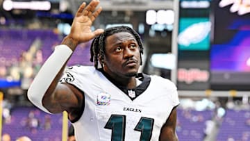 Oct 19, 2025; Minneapolis, Minnesota, USA; Philadelphia Eagles wide receiver A.J. Brown (11) celebrates after the win against the Minnesota Vikings at U.S. Bank Stadium.