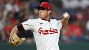 Sep 27, 2025; Cleveland, Ohio, USA; Cleveland Guardians starting pitcher Joey Cantillo (54) throws a pitch against the Texas Rangers during the first inning at Progressive Field. Mandatory Credit: Ken Blaze-Imagn Images