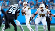 Nov 9, 2025; Charlotte, North Carolina, USA; New Orleans Saints quarterback Tyler Shough (6) looks to pass during the fourth quarter against the Carolina Panthers at Bank of America Stadium. Mandatory Credit: Jim Dedmon-Imagn Images