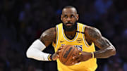 Apr 11, 2025; Los Angeles, California, USA; Los Angeles Lakers forward LeBron James (23) passes against the Houston Rockets during the first half at Crypto.com Arena. Mandatory Credit: Jonathan Hui-Imagn Images