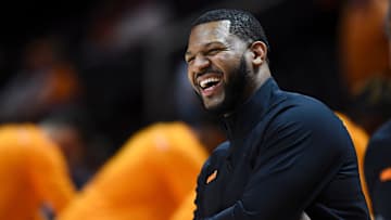 Tennessee Assistant Basketball Coach Rod Clark laughs with player while they warm up for the NCAA basketball game between the Tennessee Volunteers and UT Martin Skyhawks in Knoxville, Tenn. on Tuesday, November 9, 2021.

Kns Vols Utmartin