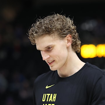 Mar 25, 2024; Salt Lake City, Utah, USA; Utah Jazz forward Lauri Markkanen warms up before the game against the Dallas Mavericks at Delta Center. Mandatory Credit: Rob Gray-Imagn Images