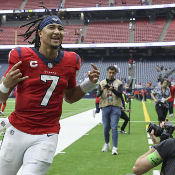 Oct 1, 2023; Houston, Texas, USA; Houston Texans quarterback C.J. Stroud (7) jogs off the field after the game against the Pittsburgh Steelers at NRG Stadium. Mandatory Credit: Troy Taormina-USA TODAY Sports