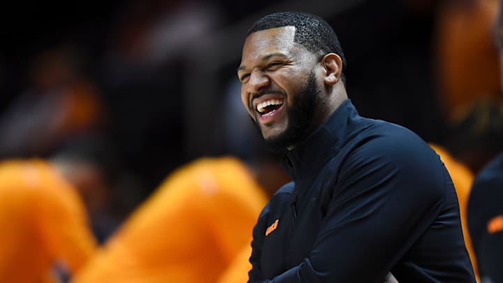 Tennessee Assistant Basketball Coach Rod Clark laughs with player while they warm up for the NCAA basketball game between the Tennessee Volunteers and UT Martin Skyhawks in Knoxville, Tenn. on Tuesday, November 9, 2021.

Kns Vols Utmartin