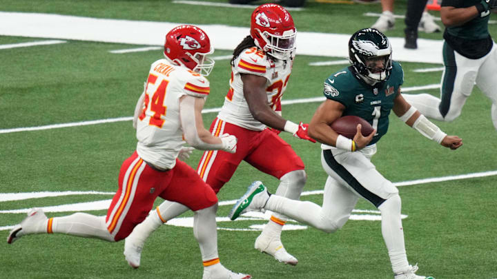 Jalen Hurts will lead the Eagles on Sunday in a Super Bowl rematch against the Chiefs. 