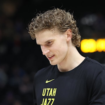 Mar 25, 2024; Salt Lake City, Utah, USA; Utah Jazz forward Lauri Markkanen warms up before the game against the Dallas Mavericks at Delta Center. Mandatory Credit: Rob Gray-Imagn Images