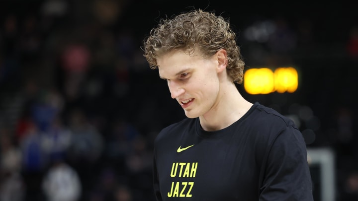 Mar 25, 2024; Salt Lake City, Utah, USA; Utah Jazz forward Lauri Markkanen warms up before the game against the Dallas Mavericks at Delta Center. Mandatory Credit: Rob Gray-USA TODAY Sports