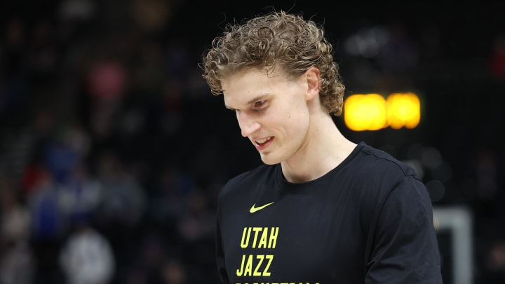 Mar 25, 2024; Salt Lake City, Utah, USA; Utah Jazz forward Lauri Markkanen warms up before the game against the Dallas Mavericks at Delta Center. 