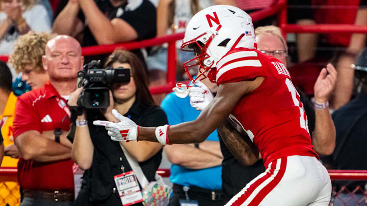 Sep 14, 2024; Lincoln, Nebraska, USA; Nebraska Cornhuskers wide receiver Jacory Barney Jr. (17) celebrates at the end of a play against the Northern Iowa Panthers during the second quarter at Memorial Stadium. 