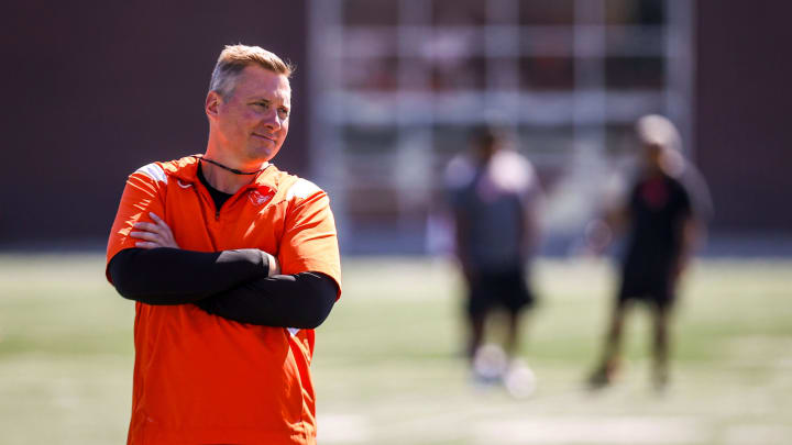 Oregon State head coach Trent Bray prepares the team for the upcoming football season during a practice on Wednesday, July 31, 2024 in Corvallis, Ore.