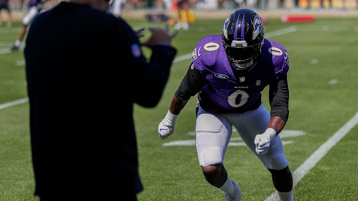 Baltimore Ravens linebacker Roquan Smith (0) runs through a drill during a joint practice with the Green Bay Packers on Thursday, August 22, 2024, at Ray Nitschke Field in Ashwaubenon, Wis. 
Tork Mason/USA TODAY NETWORK-Wisconsin