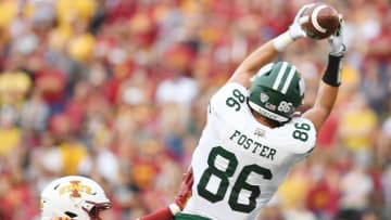 Iowa State Cyclones defensive back Trevon Howard (25) pushes out Ohio Bobcats tight end Tyler Foster (86) as making a catch during the third quarter at Jack Trice Stadium Saturday, Sept. 17, 2022, in Ames, Iowa.