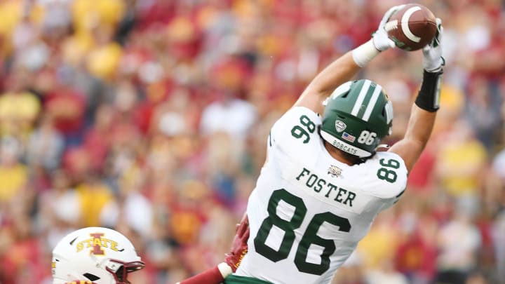 Iowa State Cyclones defensive back Trevon Howard (25) pushes out Ohio Bobcats tight end Tyler Foster (86) as making a catch during the third quarter at Jack Trice Stadium Saturday, Sept. 17, 2022, in Ames, Iowa.