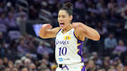 May 16, 2025; San Francisco, California, USA; Los Angeles Sparks guard Kelsey Plum (10) gestures after a basket by forward Rickea Jackson (not shown) during the second quarter against the Golden State Valkyries at Chase Center. Mandatory Credit: Darren Yamashita-Imagn Images