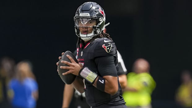 Houston Texans quarterback C.J. Stroud (7) attempts a pass during the first quarter at SoFi Stadium. 
