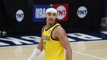 May 31, 2025; Indianapolis, Indiana, USA; Indiana Pacers guard Andrew Nembhard (2) looks on in the fourth quarter during game six of the eastern conference finals against the New York Knicks for the 2025 NBA Playoffs at Gainbridge Fieldhouse. Mandatory Credit: Trevor Ruszkowski-Imagn Images