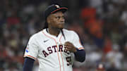 Sep 2, 2025; Houston, Texas, USA; Houston Astros starting pitcher Framber Valdez (59) reacts after giving up a grand slam to New York Yankees center fielder Trent Grisham (not pictured) during the fifth inning at Daikin Park. Mandatory Credit: Troy Taormina-Imagn Images