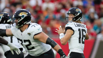 Dec 24, 2023; Tampa, Florida, USA;  Jacksonville Jaguars quarterback Trevor Lawrence (16) drops back to pass at Raymond James Stadium. 