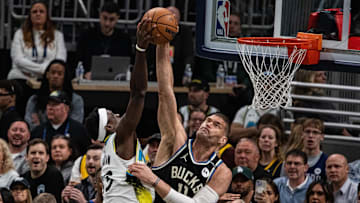 Milwaukee Bucks center Brook Lopez blocks the shot of Indiana Pacers forward Pascal Siakam during game two of first round for the 2024 NBA Playoffs at Gainbridge Fieldhouse on April 22.