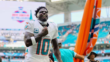 Miami Dolphins wide receiver Tyreek Hill reacts after a win against the Jacksonville Jaguars.