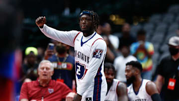 Jul 31, 2021; Dallas, Texas, USA;  Tri State guard Nate Robinson (2) dances during music artist NLE Choppa performance during week four of the Big3 3-on-3 basketball league at American Airlines Center. Mandatory Credit: Aric Becker-Imagn Images