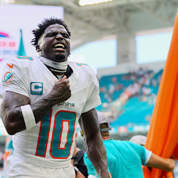 Sep 8, 2024; Miami Gardens, Florida, USA; Miami Dolphins wide receiver Tyreek Hill (10) reacts after the game against the Jacksonville Jaguars at Hard Rock Stadium. Mandatory Credit: Sam Navarro-Imagn Images