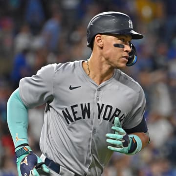 New York Yankees center fielder Aaron Judge (99) rounds the bases after hitting a two-run home run in the seventh inning against the Kansas City Royals at Kauffman Stadium on June 11.