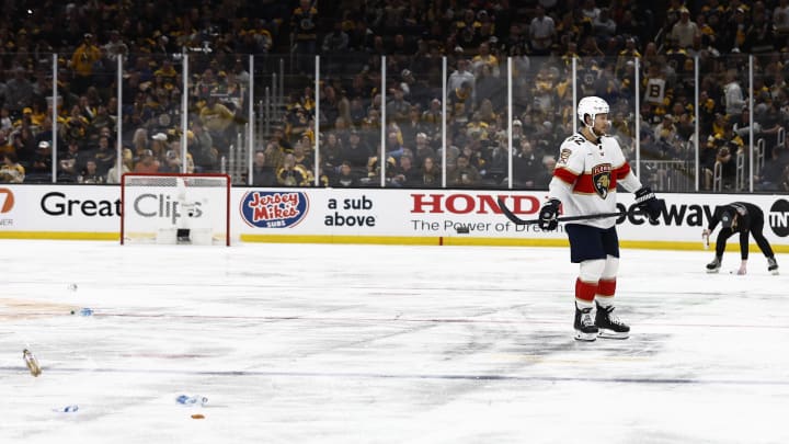 May 10, 2024; Boston, Massachusetts, USA; Florida Panthers defenseman Brandon Montour (62) skates to the bench as the ice is littered with debris during the third period of game three of the second round of the 2024 Stanley Cup Playoffs against the Boston Bruins at TD Garden. Mandatory Credit: Winslow Townson-USA TODAY Sports
