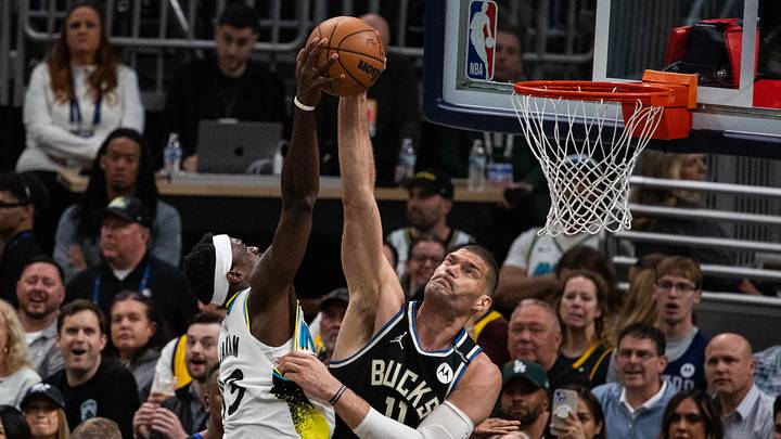 Milwaukee Bucks center Brook Lopez blocks the shot of Indiana Pacers forward Pascal Siakam during game two of first round for the 2024 NBA Playoffs at Gainbridge Fieldhouse on April 22.