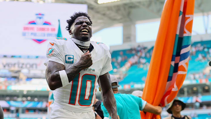 Sep 8, 2024; Miami Gardens, Florida, USA; Miami Dolphins wide receiver Tyreek Hill (10) reacts after the game against the Jacksonville Jaguars at Hard Rock Stadium. Mandatory Credit: Sam Navarro-Imagn Images