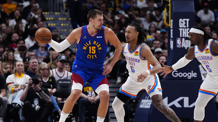 May 9, 2025; Denver, Colorado, USA; Oklahoma City Thunder forward Jaylin Williams (6) defends on Denver Nuggets center Nikola Jokic (15) in the first half during game three of the second round for the 2025 NBA Playoffs at Ball Arena. Mandatory Credit: Ron Chenoy-Imagn Images May 9, 2025; Denver, Colorado, USA; Oklahoma City Thunder forward Jaylin Williams (6) defends on Denver Nuggets center Nikola Jokic (15) in the first half during game three of the second round for the 2025 NBA Playoffs at Ball Arena. Mandatory Credit: Ron Chenoy-Imagn Images
