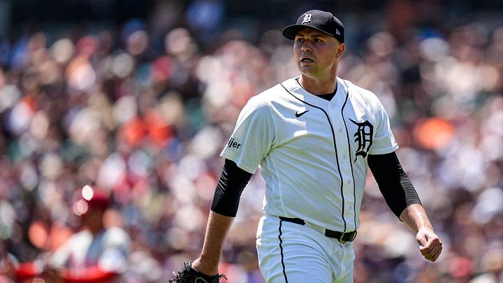 Detroit Tigers pitcher Tarik Skubal (29) walks off the mound after pitching the second inning against Philadelphia Phillies at Comerica Park in Detroit on Sunday, July 12, 2026.